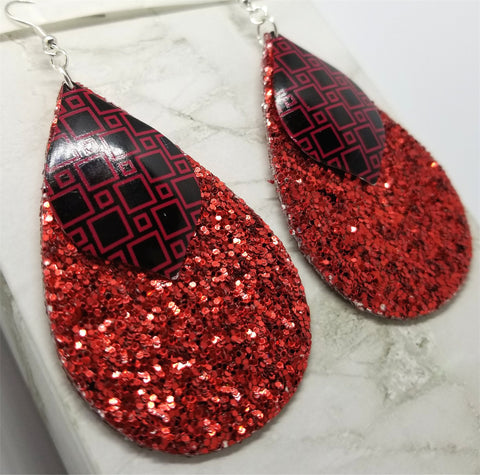 Red Glitter Very Sparkly Double Sided FAUX Leather Teardrop Earrings with Red and Black Metal Overlays