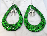 Green Glitter FAUX Leather Cut Out Teardrop Earrings with Gift Charm Dangles