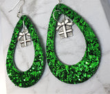 Green Glitter FAUX Leather Cut Out Teardrop Earrings with Gift Charm Dangles