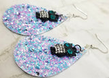 Chunky Blue, Pink and Purple Glitter Very Sparkly FAUX Leather Teardrop Earrings with Owl Charm