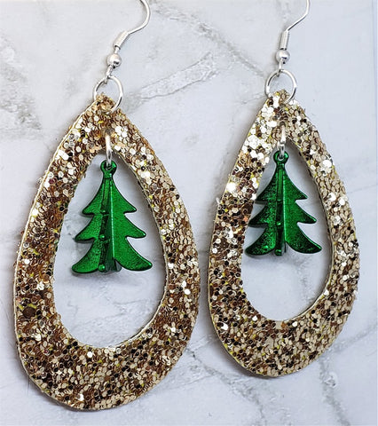 Gold Glitter FAUX Leather Cut Out Teardrop Earrings with Green Metal Christmas Tree Dangles