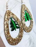Gold Glitter FAUX Leather Cut Out Teardrop Earrings with Green Metal Christmas Tree Dangles
