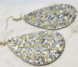 Silver Glitter with Gold Outline Brick Pattern Very Sparkly Double Sided FAUX Leather Teardrop Earrings