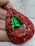 Red Glitter FAUX Leather Cut Out Teardrop Earrings with Green Metal Christmas Tree Dangles