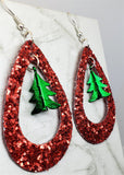 Red Glitter FAUX Leather Cut Out Teardrop Earrings with Green Metal Christmas Tree Dangles