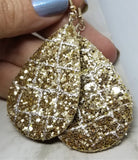 Gold Glitter with Gold Outline Brick Pattern Very Sparkly Double Sided FAUX Leather Teardrop Earrings