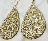 Gold Glitter with Gold Outline Brick Pattern Very Sparkly Double Sided FAUX Leather Teardrop Earrings