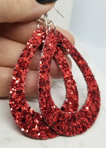 Chunky Red Glitter Very Sparkly Double Sided FAUX Leather Cut Out Teardrop Earrings
