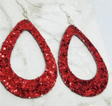 Chunky Red Glitter Very Sparkly Double Sided FAUX Leather Cut Out Teardrop Earrings