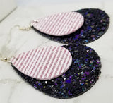Black and Purple Glitter Very Sparkly Double Sided FAUX Leather Teardrops with Metallic Rose Gold Striped FAUX Leather Teardrop Overlay Earrings