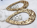 Gold Glitter FAUX Leather Cut Out Teardrop Earrings with HoHoHo Charm Dangles