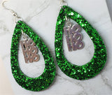 Green Glitter FAUX Leather Cut Out Teardrop Earrings with HoHoHo Charm Dangles