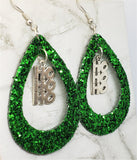 Green Glitter FAUX Leather Cut Out Teardrop Earrings with HoHoHo Charm Dangles