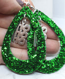 Green Glitter FAUX Leather Cut Out Teardrop Earrings with HoHoHo Charm Dangles