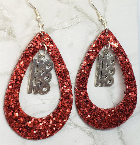 Red Glitter FAUX Leather Cut Out Teardrop Earrings with HoHoHo Charm Dangles