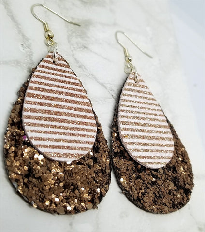 Brown Glitter Very Sparkly Double Sided FAUX Leather Teardrops with Metallic Rose Gold Striped FAUX Leather Teardrop Overlay Earrings