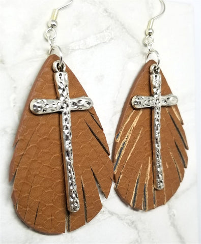 Brown Fringed Faux Leather Teardrop Shaped Earrings with a Large Cross Overlay
