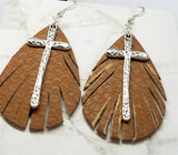 Brown Fringed Faux Leather Teardrop Shaped Earrings with a Large Cross Overlay