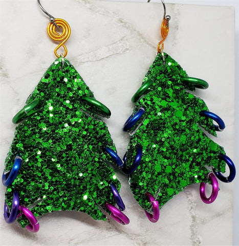 Chunky Green Glitter Double Sided FAUX Leather Hand Cut Christmas Tree Earrings with Colored Rings