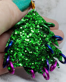 Chunky Green Glitter Double Sided FAUX Leather Hand Cut Christmas Tree Earrings with Colored Rings