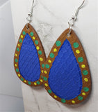 Hand Painted FAUX Leather Teardrop Shaped Earrings with Aboriginal Style Dot Art Border