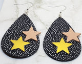 CLEARANCE Black Spotted with Gray Tear Drop Shaped FAUX Leather Earrings with Star Embellishments