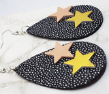 CLEARANCE Black Spotted with Gray Tear Drop Shaped FAUX Leather Earrings with Star Embellishments