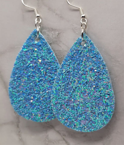 Chunky Blue Glitter Very Sparkly Double Sided FAUX Leather Teardrop Earrings