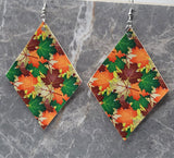 Autumnal Leaves on Diamond Shaped FAUX Leather Earrings