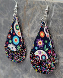 MultiColor Glitter Very Sparkly FAUX Leather Teardrops with Sugar Skull FAUX Leather Teardrop Overlay Earrings