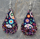 MultiColor Glitter Very Sparkly FAUX Leather Teardrops with Sugar Skull FAUX Leather Teardrop Overlay Earrings