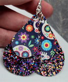 MultiColor Glitter Very Sparkly FAUX Leather Teardrops with Sugar Skull FAUX Leather Teardrop Overlay Earrings