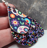 MultiColor Glitter Very Sparkly FAUX Leather Teardrops with Sugar Skull FAUX Leather Teardrop Overlay Earrings