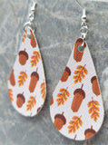 Autumn Leaves and Acorns Tear Drop Shaped FAUX Leather Earrings
