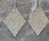 Super Holo Silver Glitter on Diamond Shaped FAUX Leather Earrings