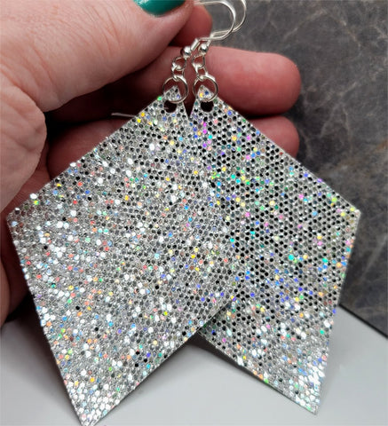 Super Holo Silver Glitter on Diamond Shaped FAUX Leather Earrings