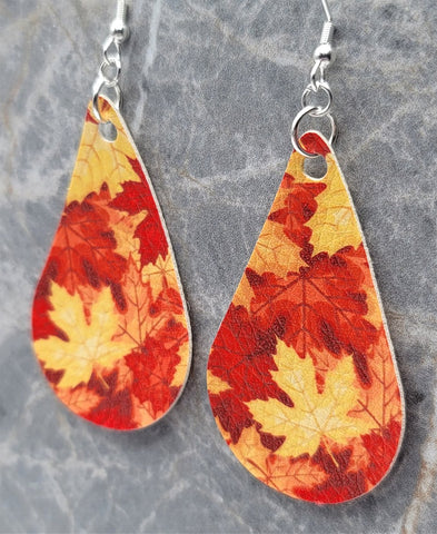 Autumn Maple Leaves Tear Drop Shaped FAUX Leather Earrings
