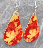 Autumn Maple Leaves Tear Drop Shaped FAUX Leather Earrings
