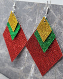 Red Glitter FAUX Leather Diamond Shaped Earrings with Green and Gold Glitter FAUX Leather Diamond Shaped Overlays