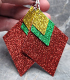 Red Glitter FAUX Leather Diamond Shaped Earrings with Green and Gold Glitter FAUX Leather Diamond Shaped Overlays