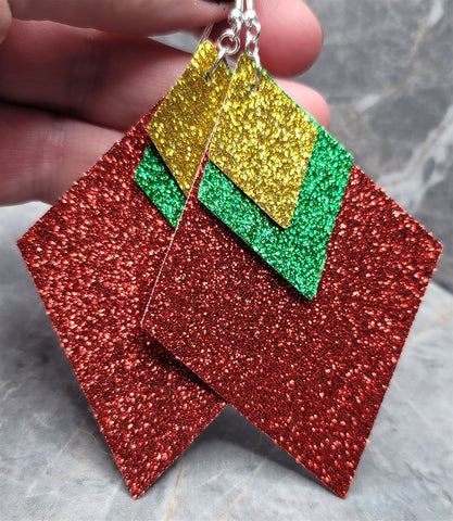 Red Glitter FAUX Leather Diamond Shaped Earrings with Green and Gold Glitter FAUX Leather Diamond Shaped Overlays