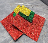 Red Glitter FAUX Leather Diamond Shaped Earrings with Green and Gold Glitter FAUX Leather Diamond Shaped Overlays