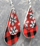 Snowflake Buffalo Plaid Teardrop Shaped Two Layered FAUX Leather Earrings