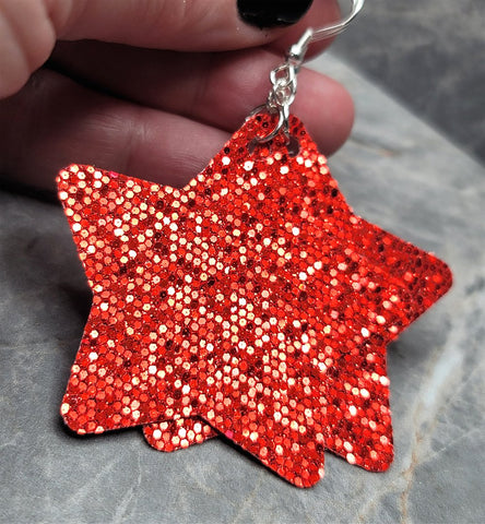 Super Holo Red Glitter on Star Shaped FAUX Leather Earrings