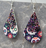 Sugar Skull FAUX Leather Teardrops with Purple and Multicolor FAUX Leather Teardrop Overlay Earrings