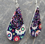 Sugar Skull FAUX Leather Teardrops with Purple and Multicolor FAUX Leather Teardrop Overlay Earrings