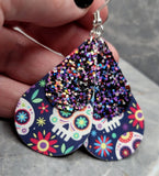 Sugar Skull FAUX Leather Teardrops with Purple and Multicolor FAUX Leather Teardrop Overlay Earrings