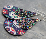 Sugar Skull FAUX Leather Teardrops with Purple and Multicolor FAUX Leather Teardrop Overlay Earrings