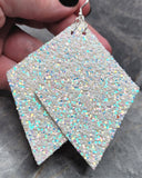 White AB Chunky Glitter Very Sparkly FAUX Leather Diamond Shaped Earrings