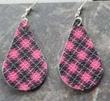 Pink and Black Plaid Tear Drop Shaped FAUX Leather Earrings